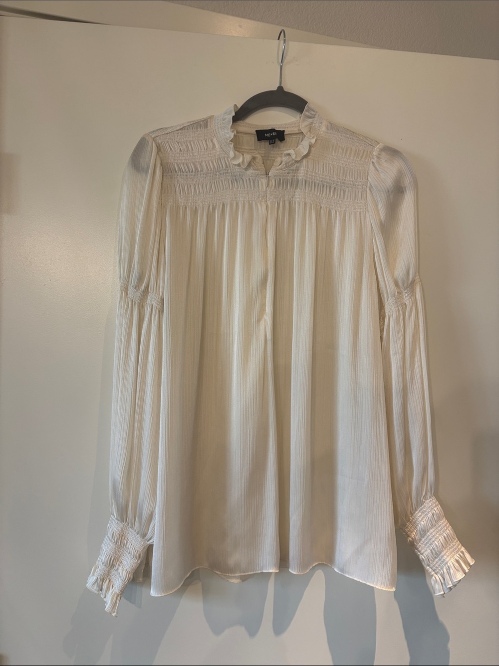 ME + EM Ivory Smocked Yoke Ruffle Collar Blouse